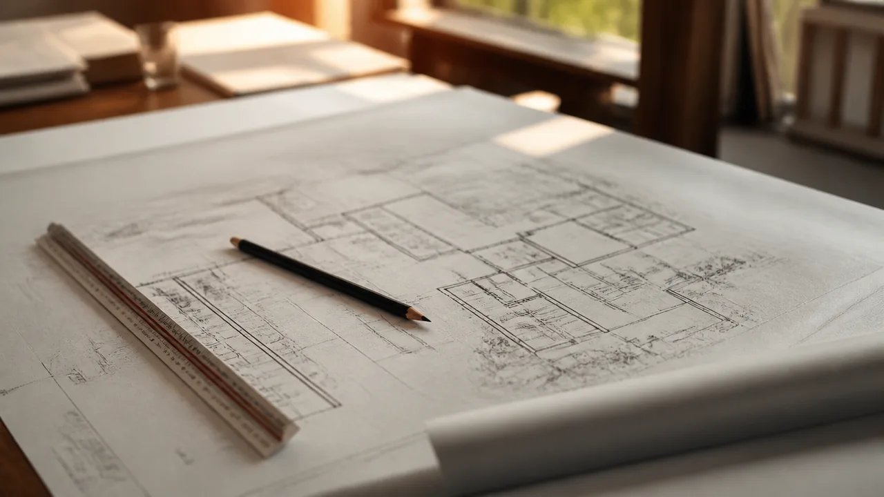 Architect's printed floor plan with pencil and scale ruler on drafting table