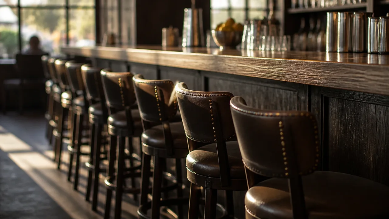 Bar stools lined at a counter, warm evening light