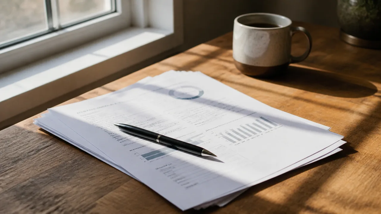 Business plan draft pages, pen and coffee on a wooden table by window light