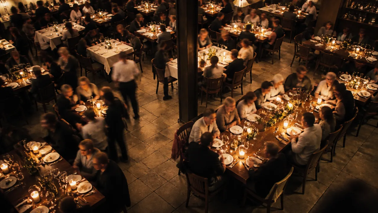 Busy dining room from above during service, motion in warm light, faces indistinct