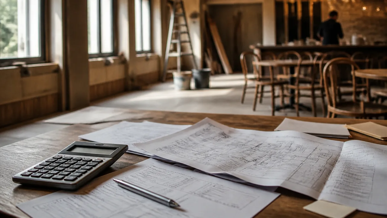 Calculator, invoices and a folded restaurant floor plan on a worktable in an unfinished dining room