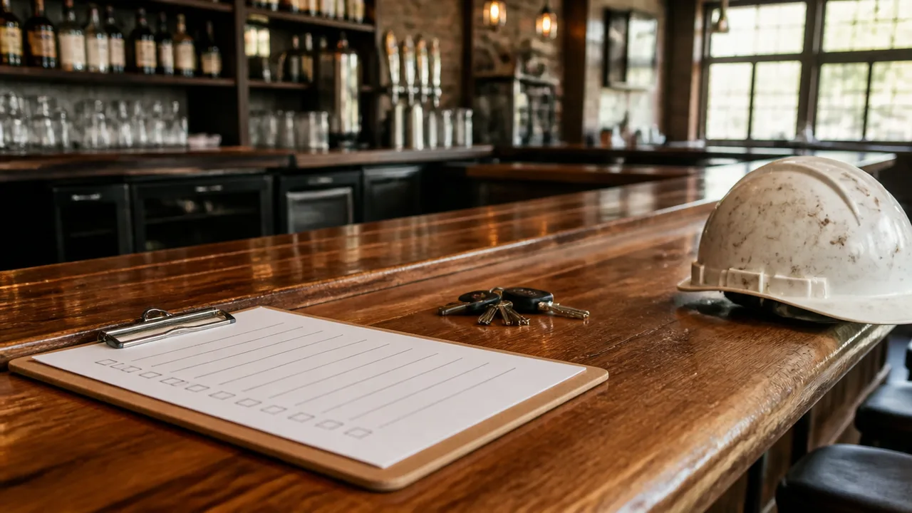Clipboard checklist resting on restaurant bar with keys and hard hat, opening-day mood