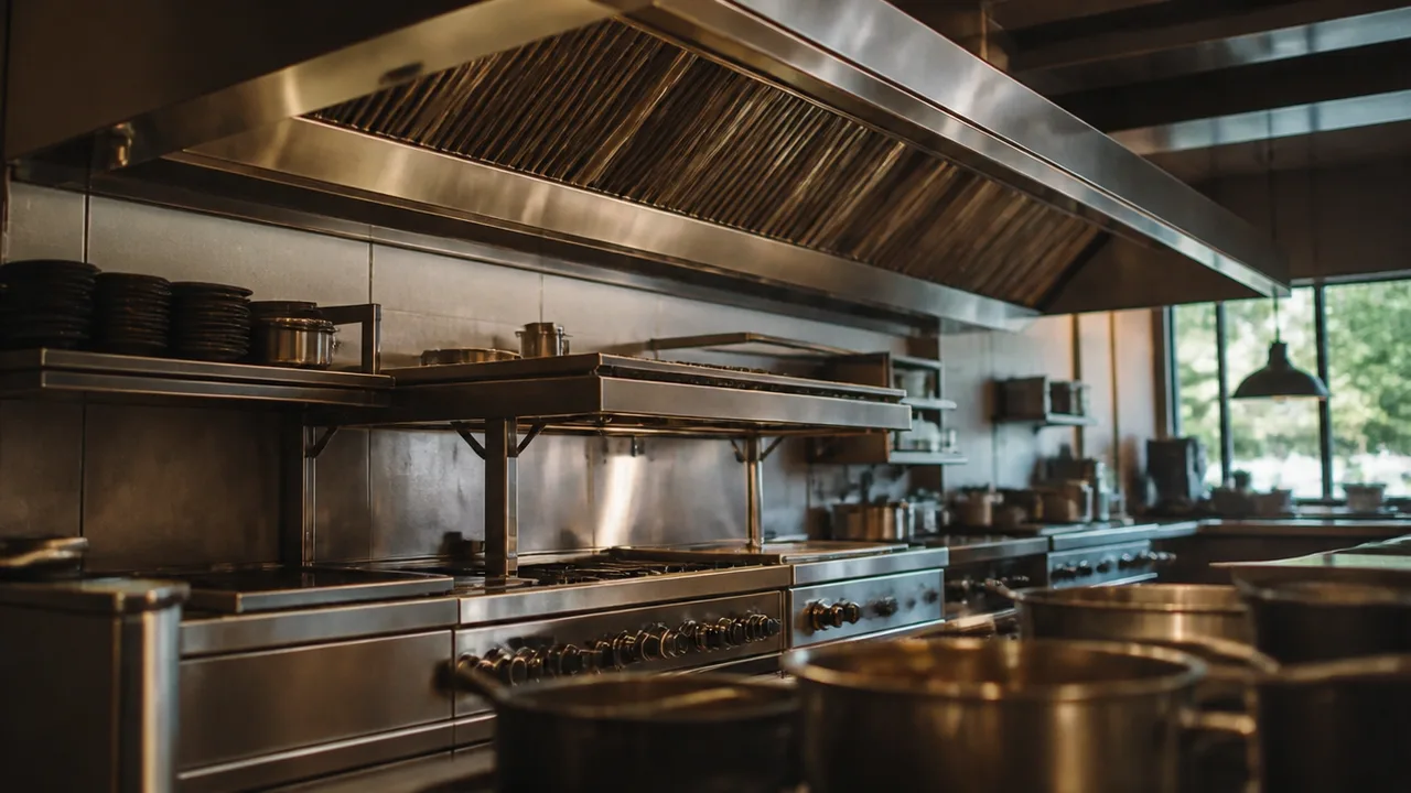 Commercial kitchen exhaust hood gleaming above a new cook line