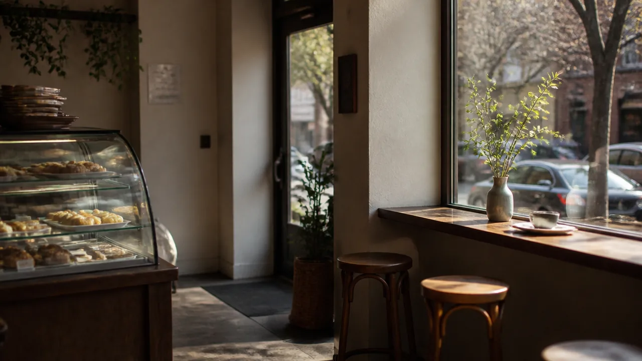 Cozy cafe corner with pastry case and window seating, morning light