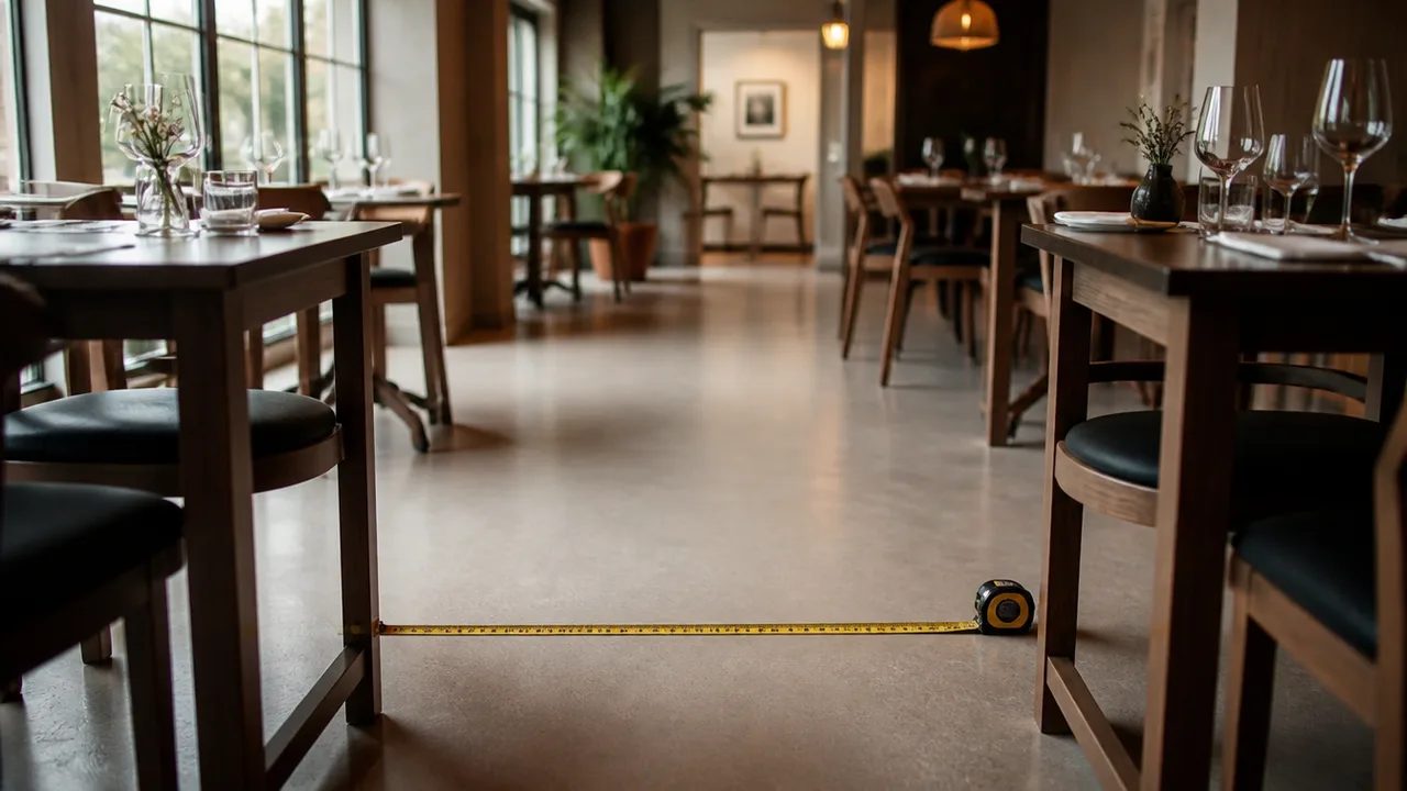 Dining room mid-layout, tables spaced with aisle gaps being measured by tape