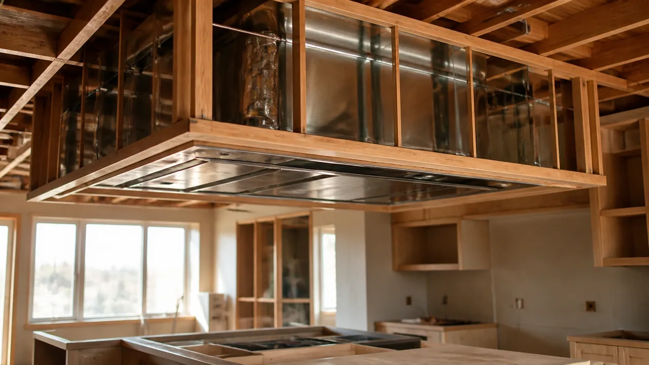Ductwork and kitchen hood framing being installed overhead