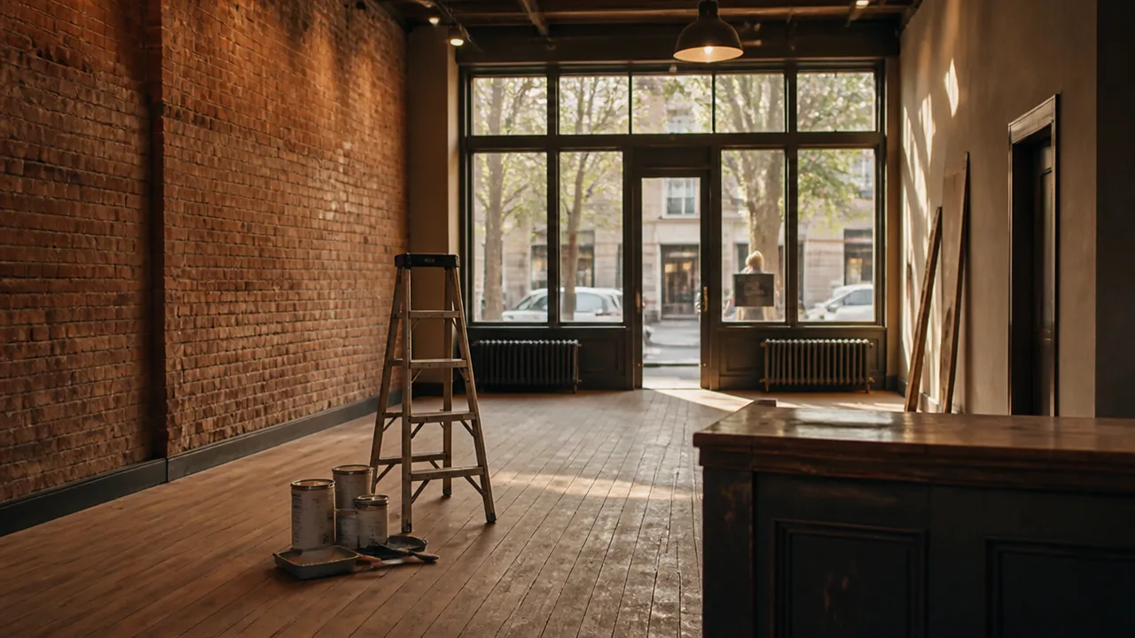 Empty just-leased restaurant space with bare brick, ladder and paint cans, morning light through storefront glass