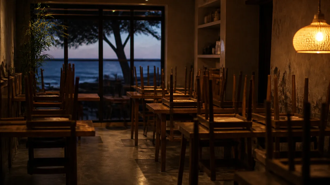 Empty restaurant interior at dusk with chairs upturned on tables, one light on