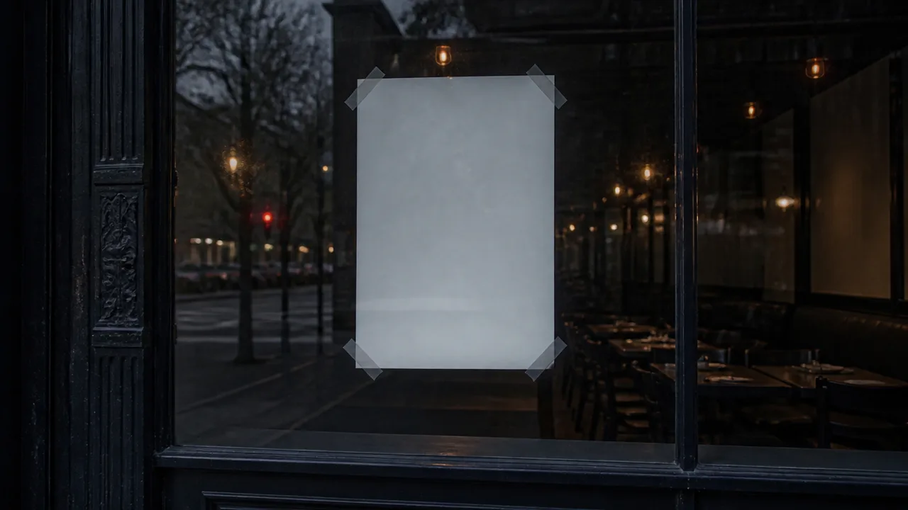 For-lease sign taped inside a dark restaurant window from the street