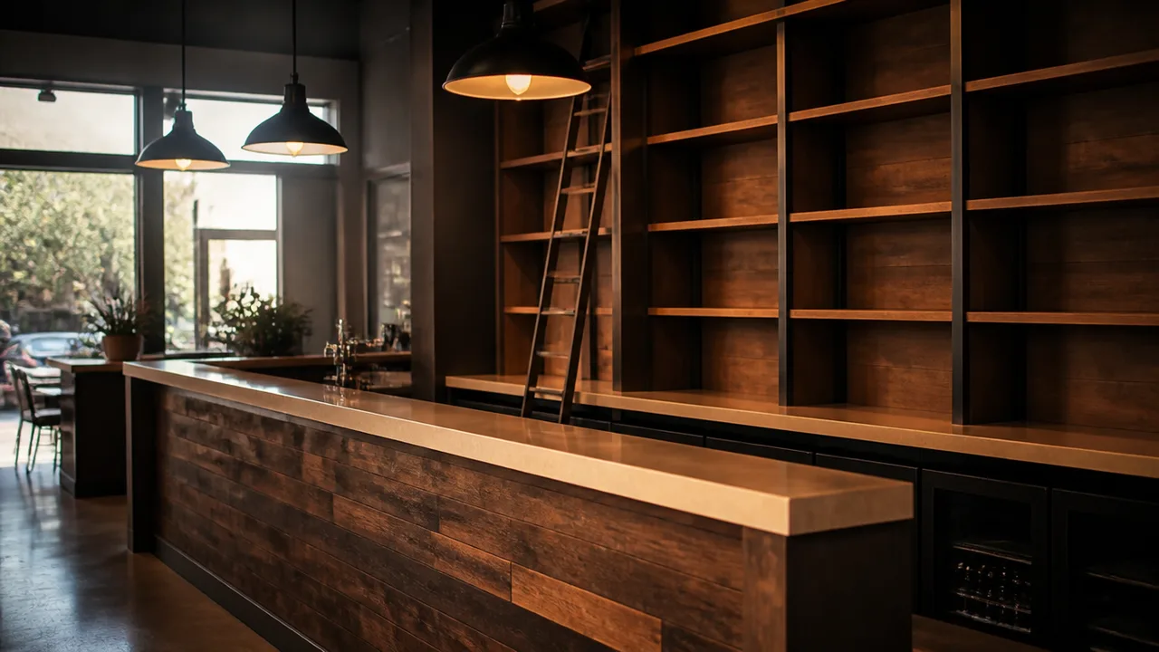 Freshly installed bar counter with empty shelving awaiting stock, warm pendant light