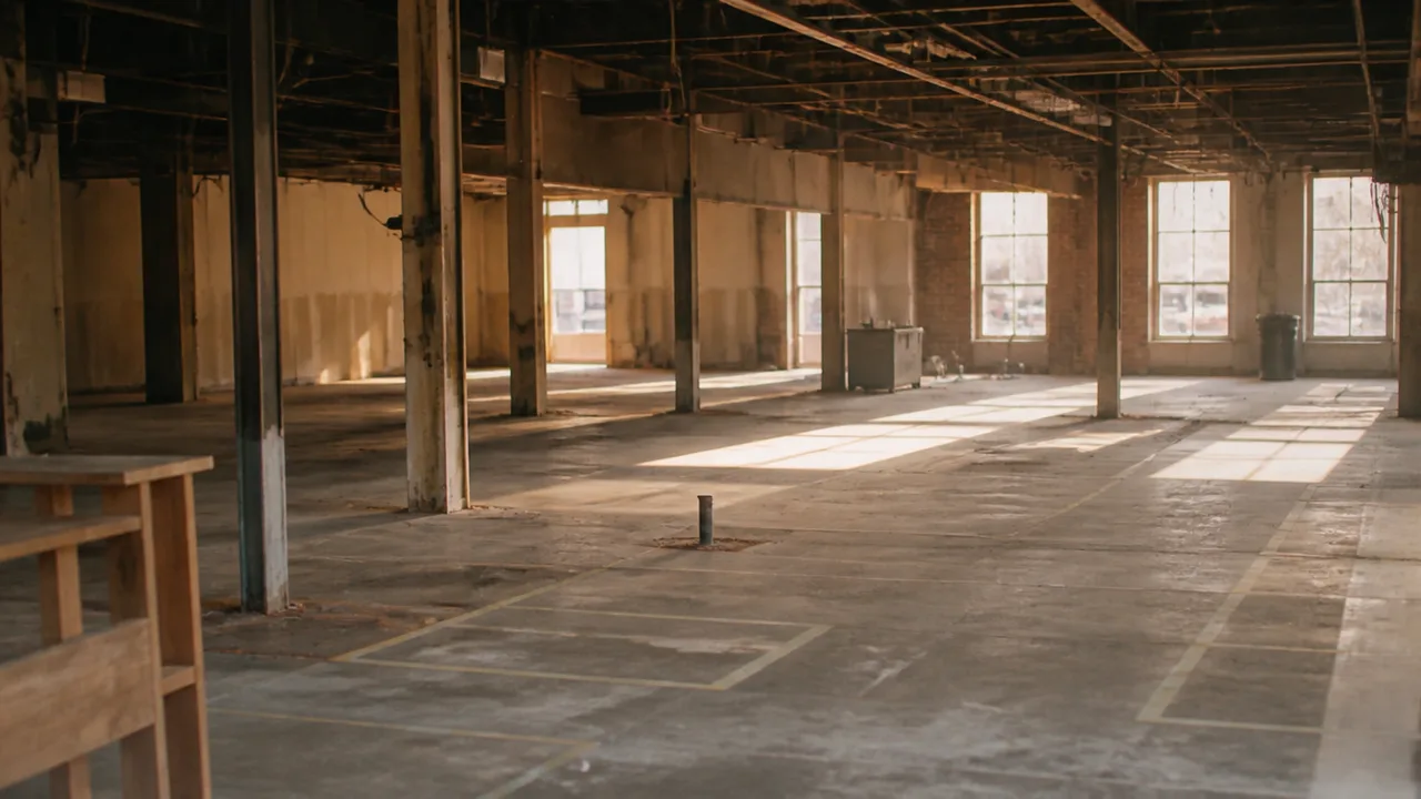 Gutted first-generation retail space with exposed ceiling and marked-out floor, sunbeams in dust