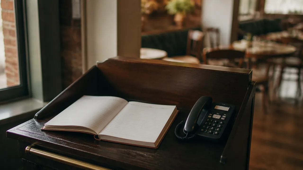 Half-empty reservation book beside a phone on a host stand