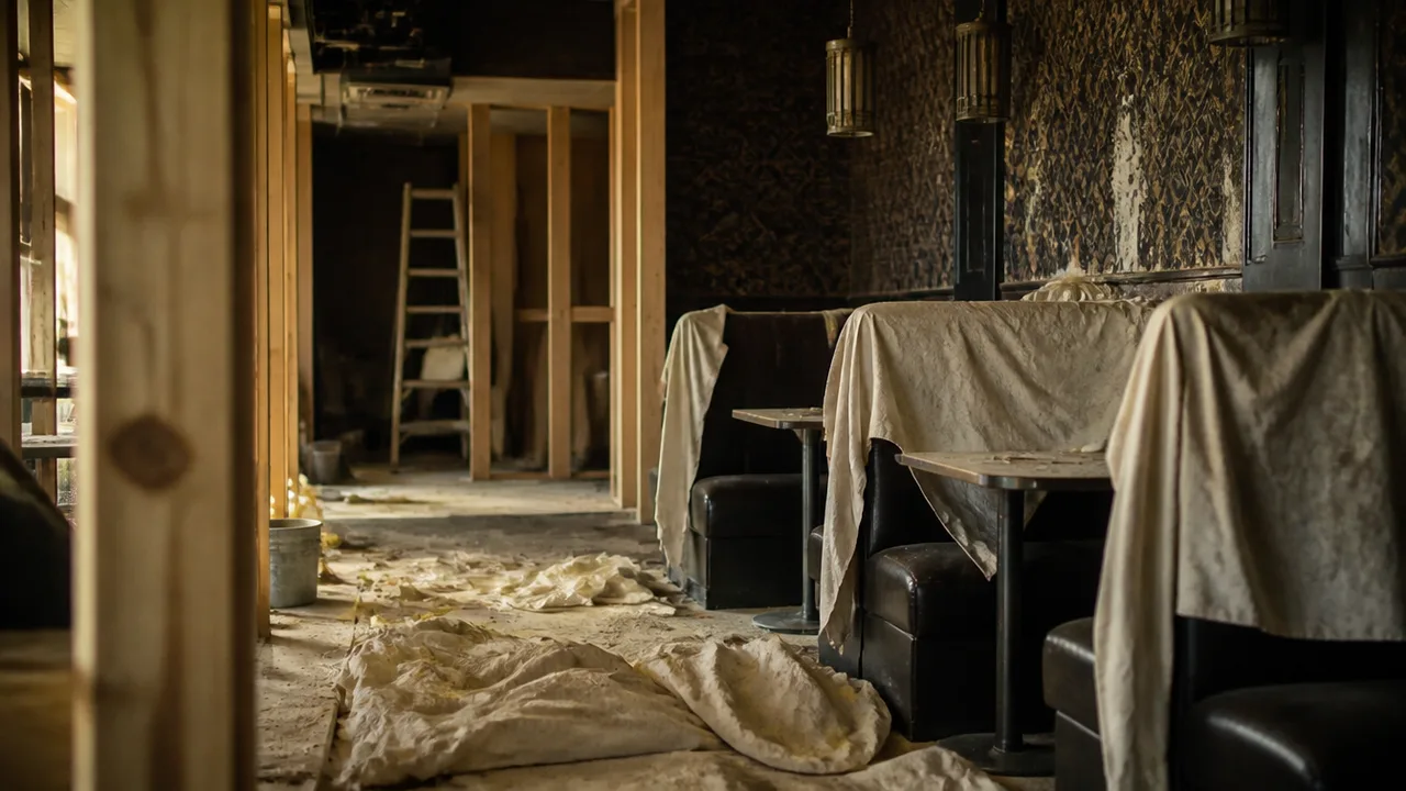 Half-finished renovation abandoned mid-project, dusty drop cloths over booths