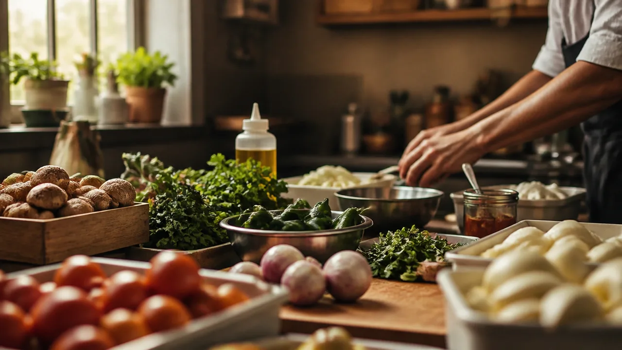 Kitchen prep station stocked with produce, one cook's hands at distance