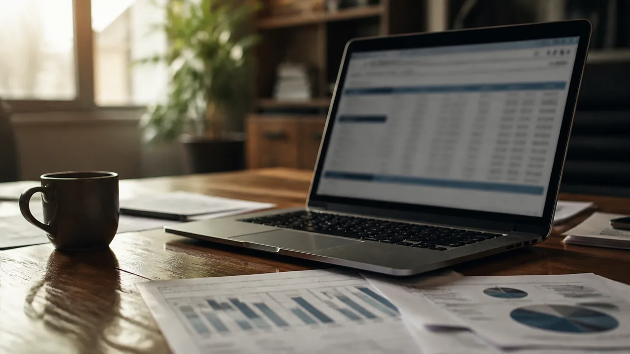 Laptop with financial spreadsheet blur beside printed charts, no readable text