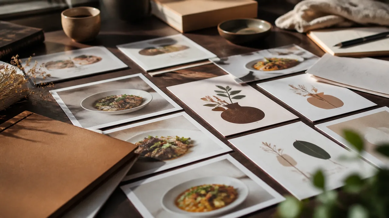 Menu concept cards and food photos spread across a desk