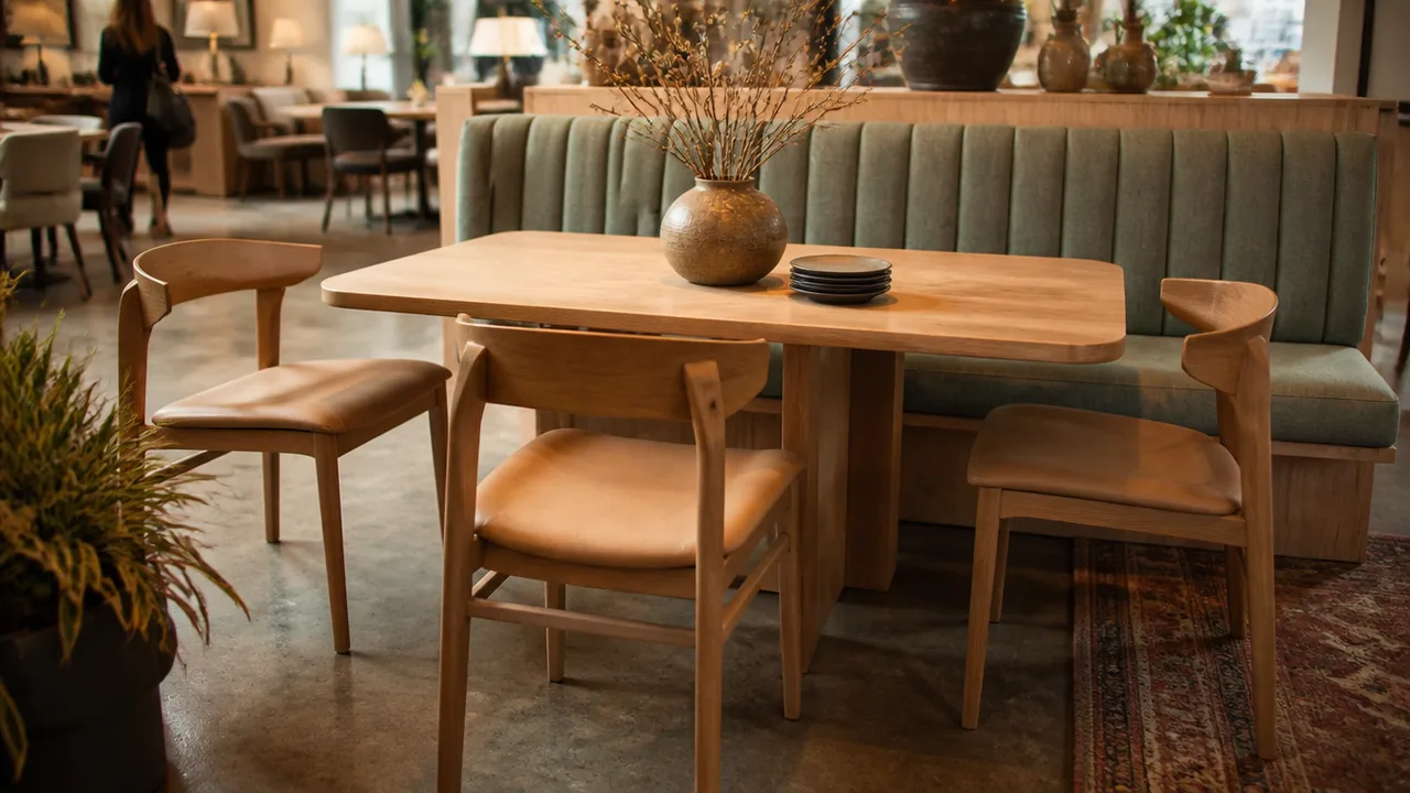 New restaurant dining set staged in showroom: wood table, four chairs, banquette behind