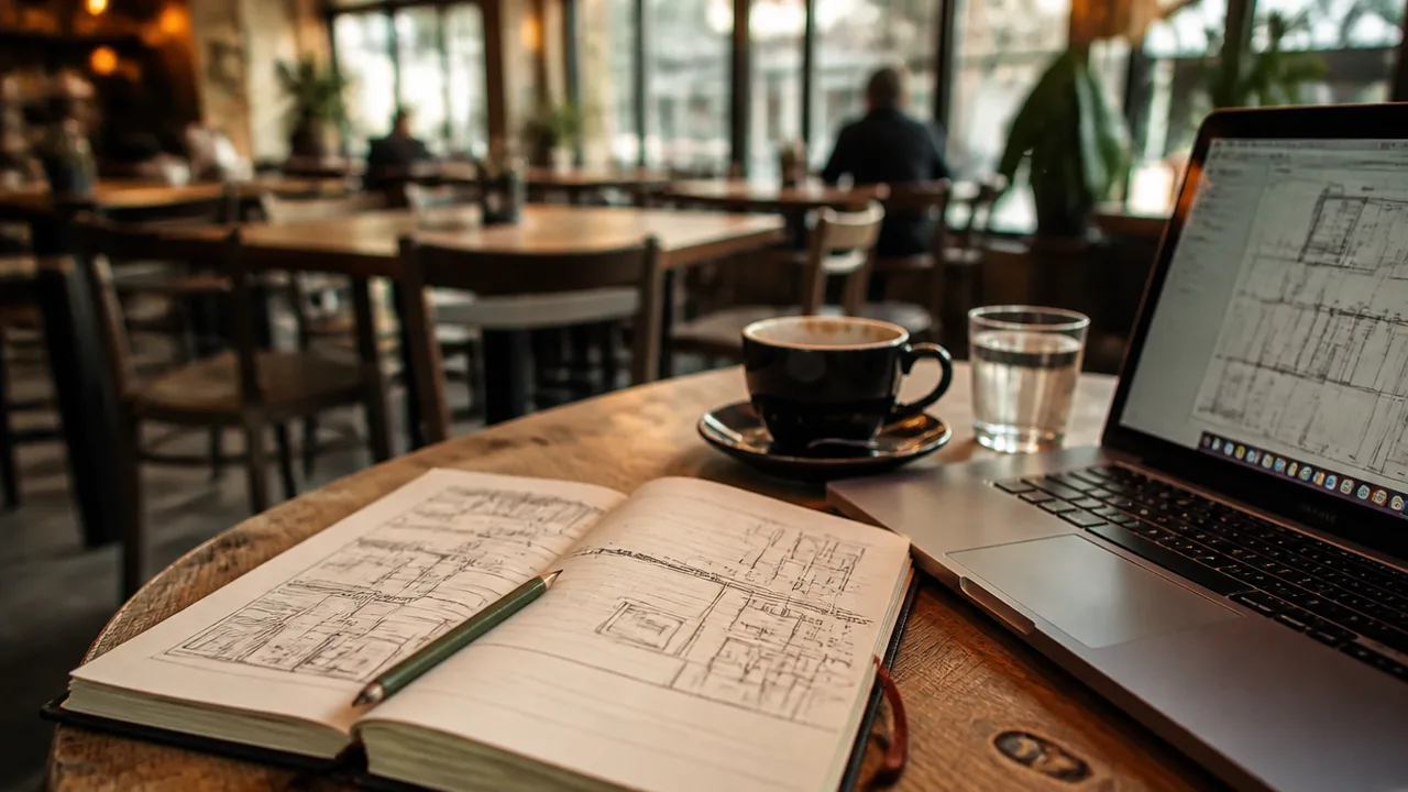 Notebook and laptop on a cafe table with concept sketches of a restaurant floor plan