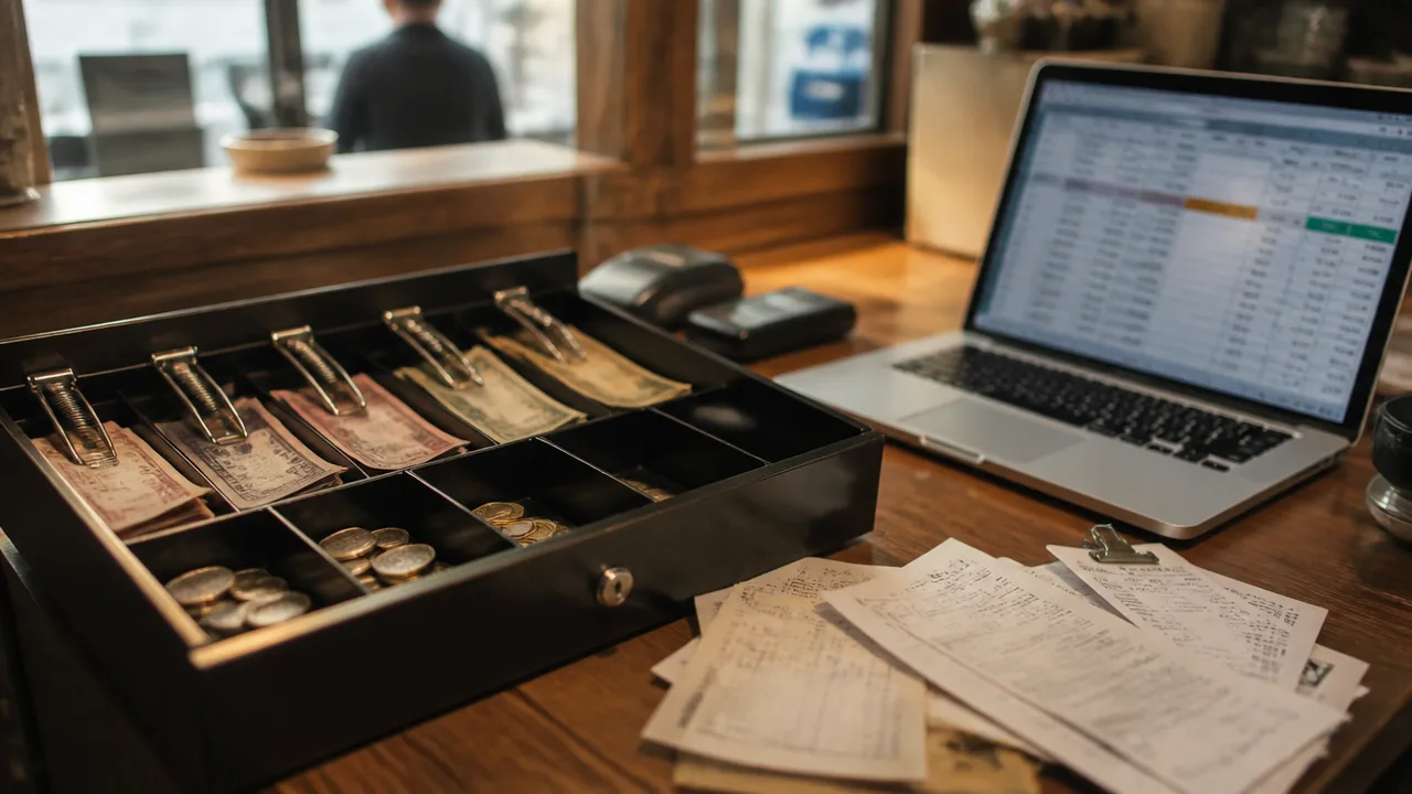 Open cash drawer tray with receipts beside a laptop spreadsheet, closeup, no readable text