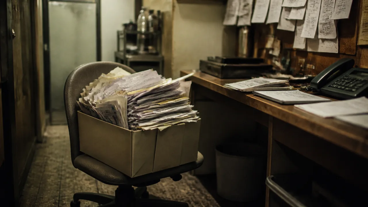 Overflowing file box of invoices on an office chair in a back office