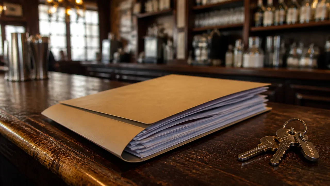 Permit-style paperwork folder and keys on a bar top, shallow focus