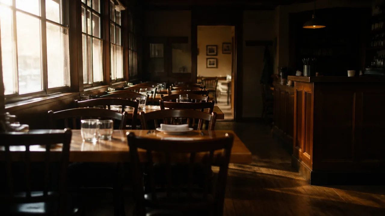 Quiet restaurant dining room at dawn before service, chairs down, register area dark