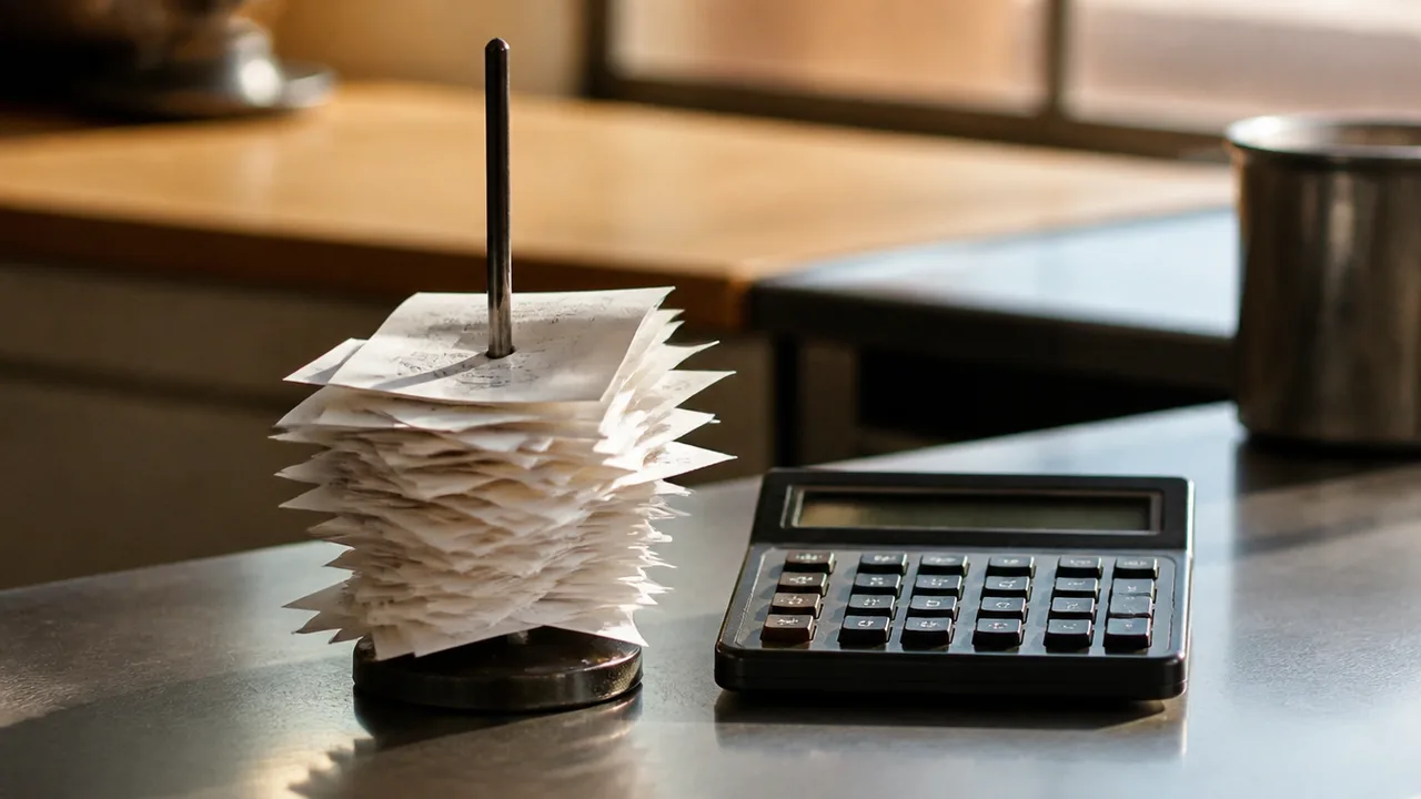 Receipts spiked on a check spindle beside a calculator on steel counter