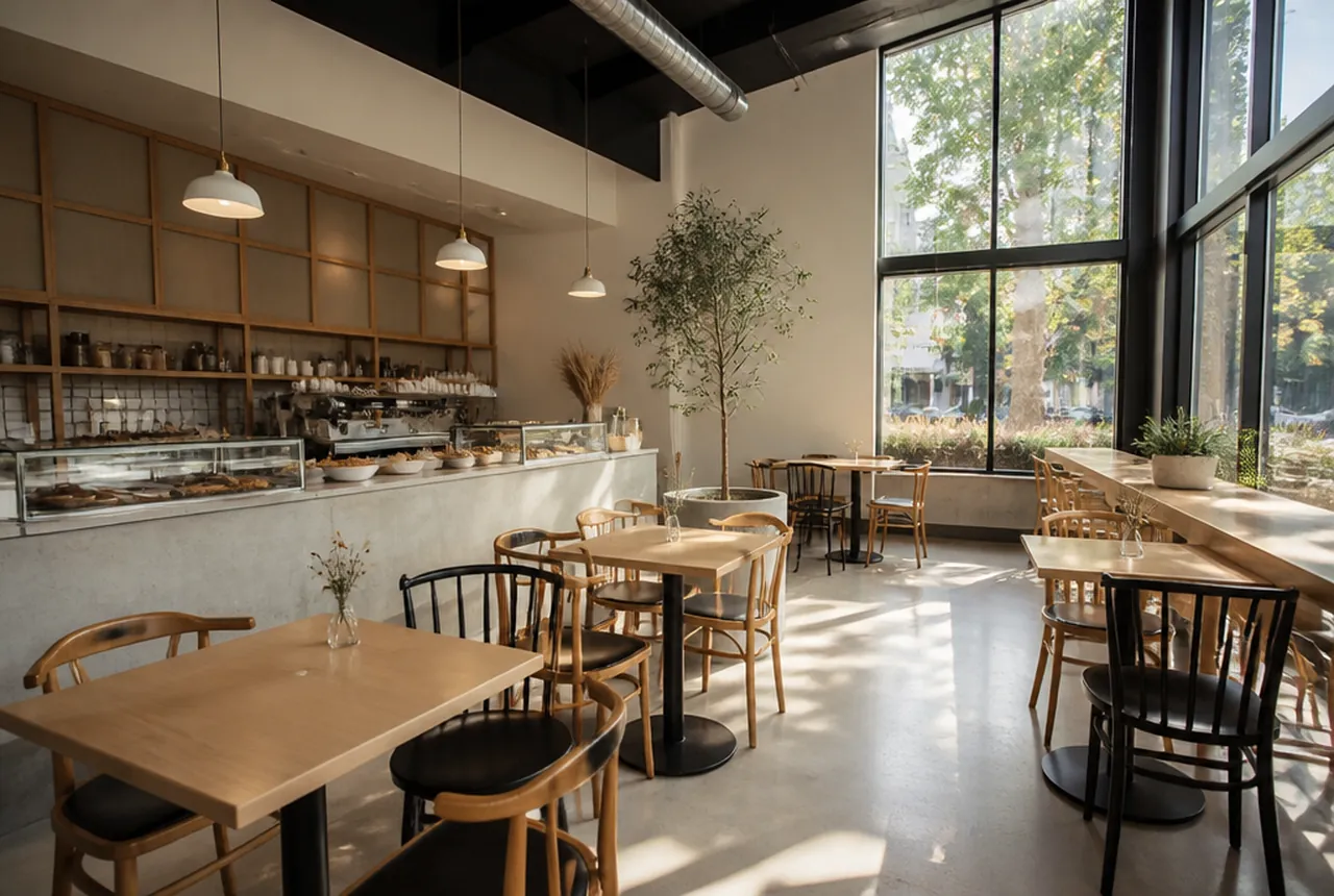 Cafe and bakery dining room with a pastry case at the counter, small hard top tables and a window bar
