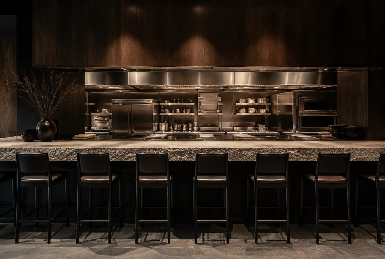 Chef's counter dining room where a short row of seats looks directly onto the finishing pass