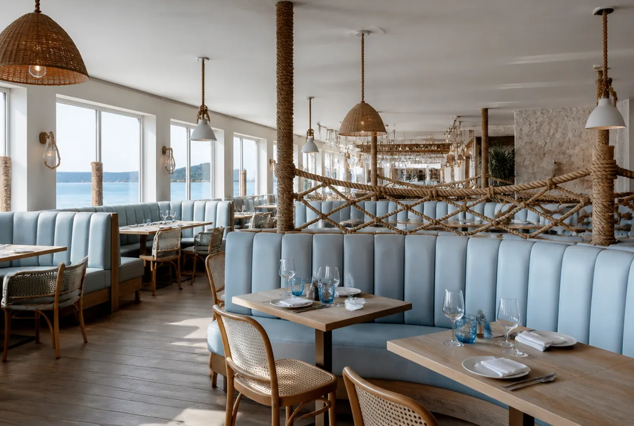 Coastal seafood dining room with pale wood, wide windows and a chilled raw bar counter