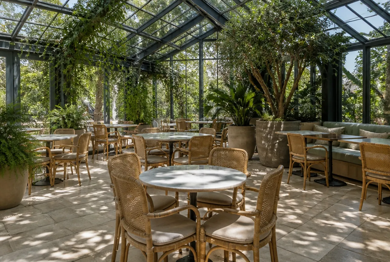 Garden conservatory dining room under a glazed roof with planting worked in between the tables