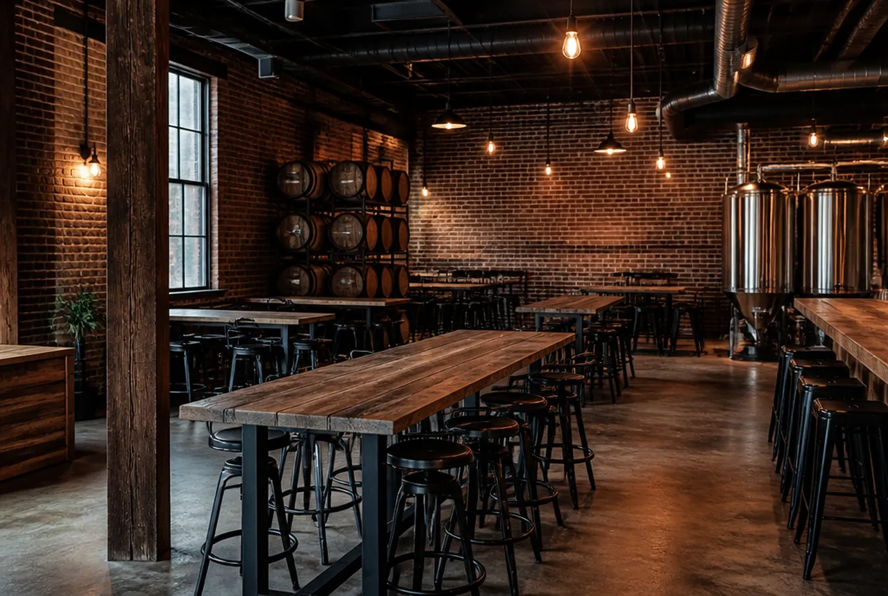 Industrial brewpub dining room with long communal tables, exposed structure and tanks behind glass
