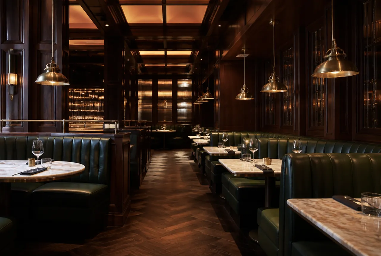 Modern steakhouse dining room with deep booths, dark wood surfaces and a visible grill station