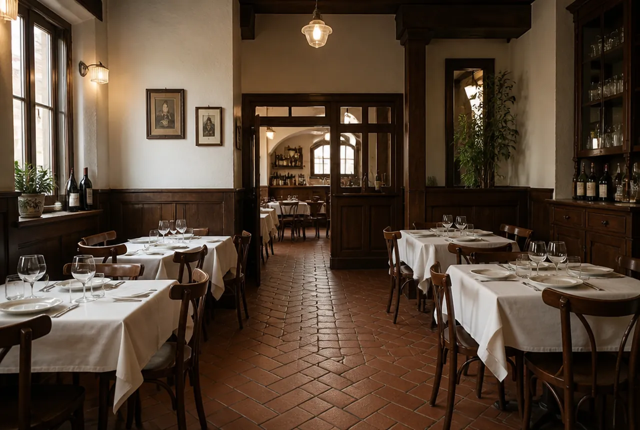 Neighborhood trattoria dining room with wood tables set close together under warm pendant light