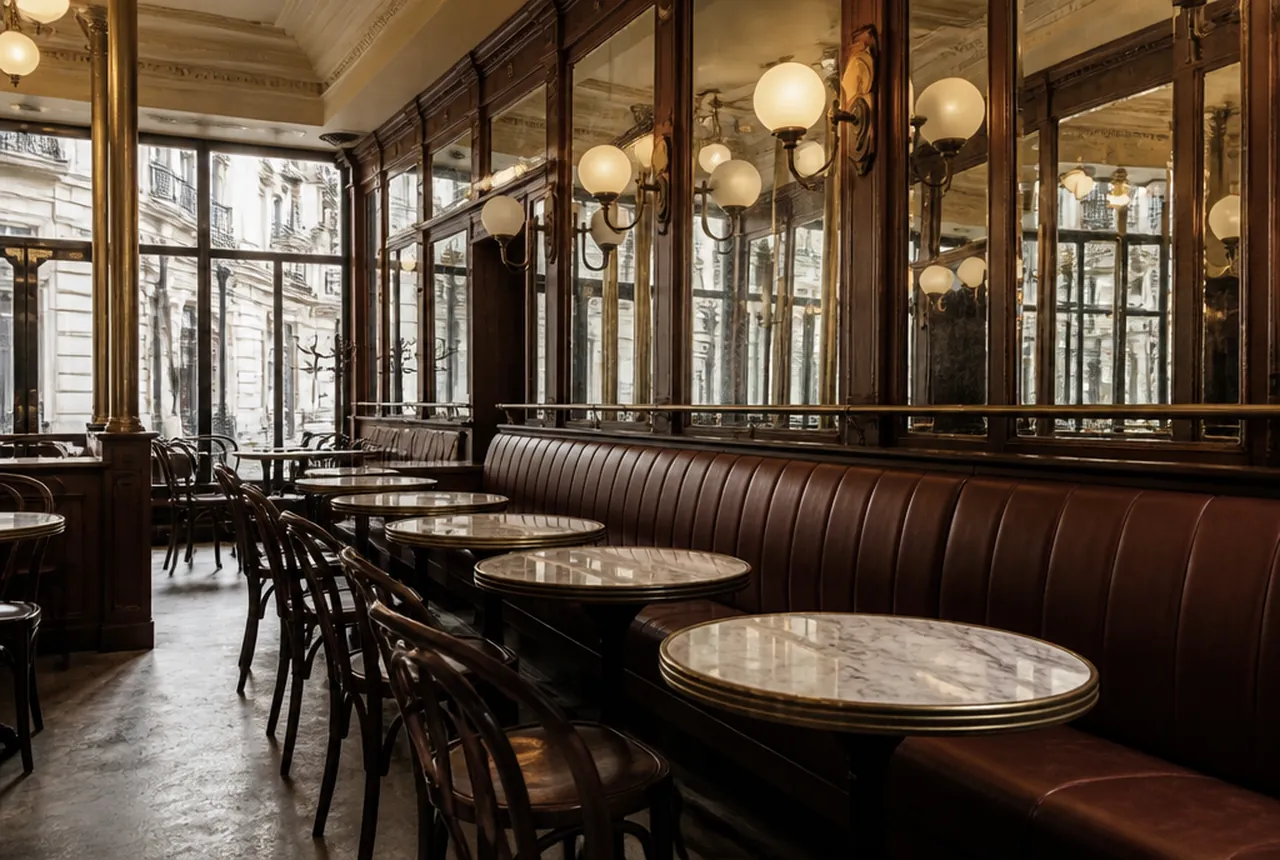 Parisian bistro dining room with a continuous wall banquette facing a row of small round tables