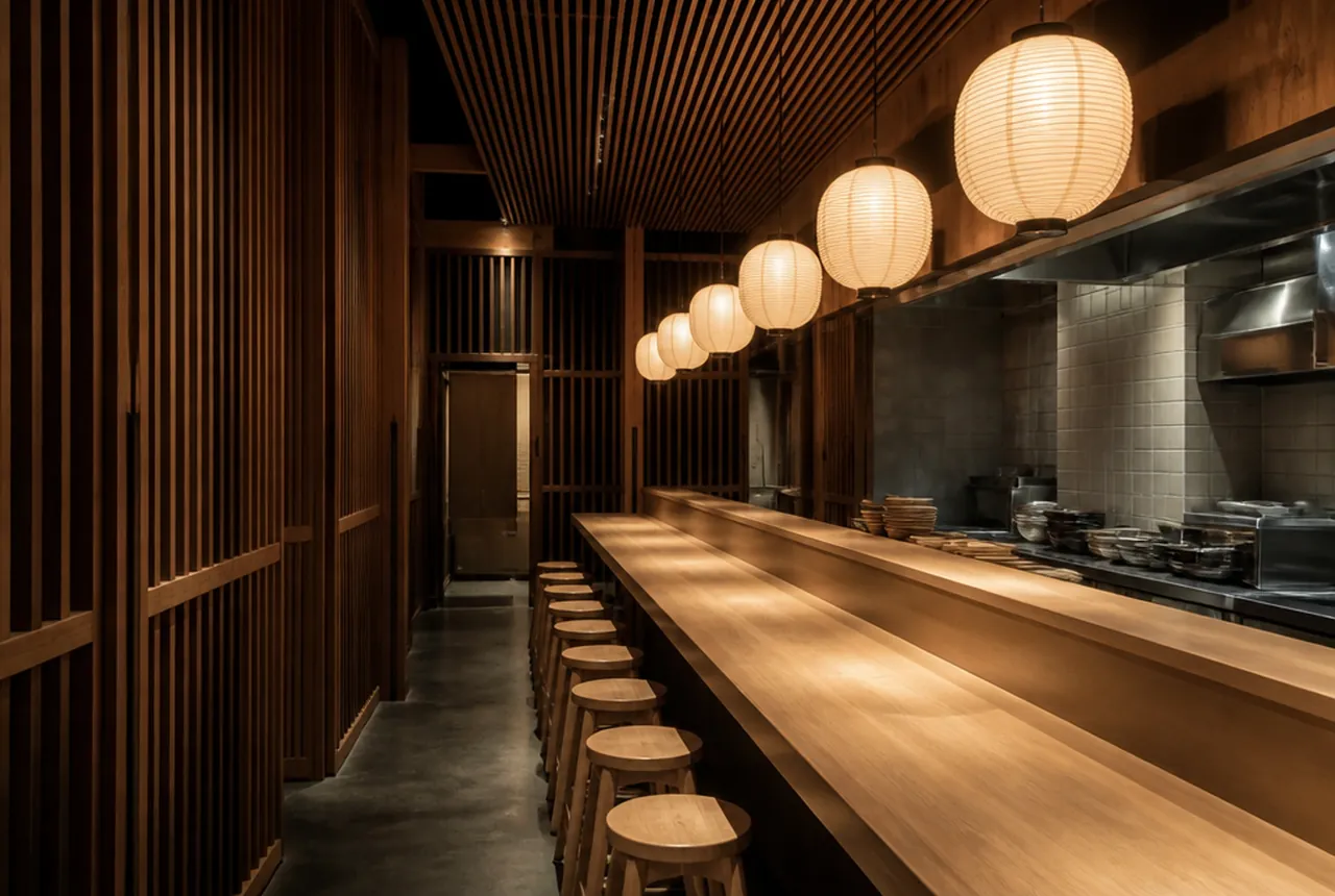 Ramen bar dining room built around a long counter that faces the cooking line