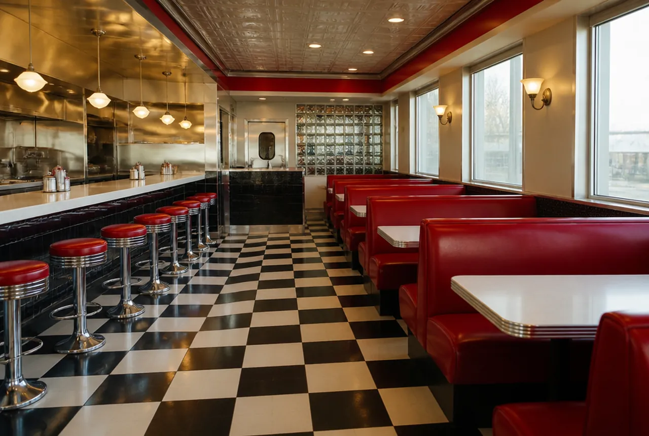 Retro diner dining room with a run of upholstered booths along the windows and a counter with stools