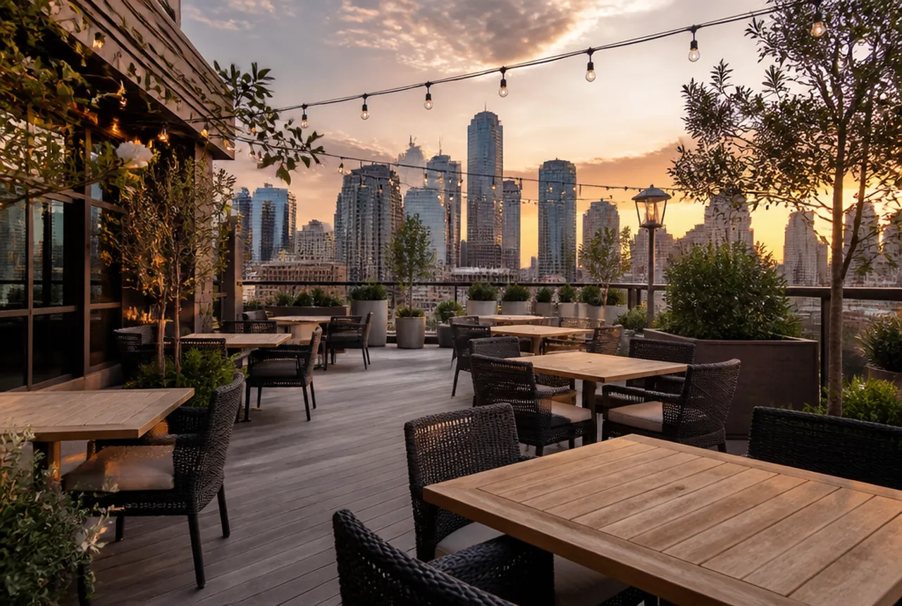 Rooftop terrace dining room with weather resistant furniture, an outdoor service station and open sky above