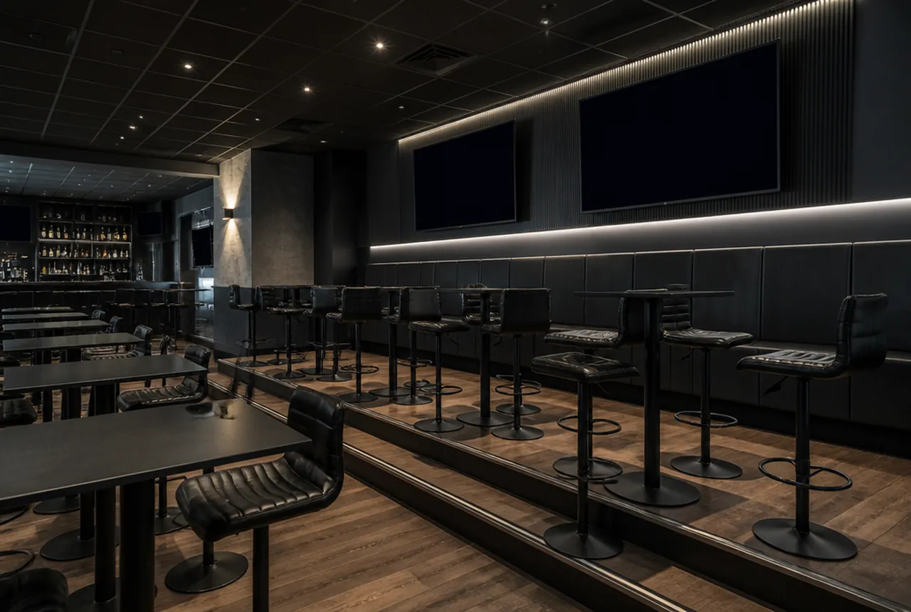 Sports bar dining room laid out so every seat holds a sightline to the screens above the bar
