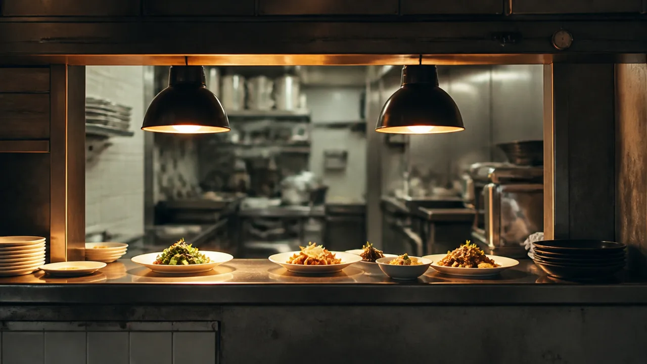 Restaurant pass window with finished plates under warm heat lamps, kitchen beyond