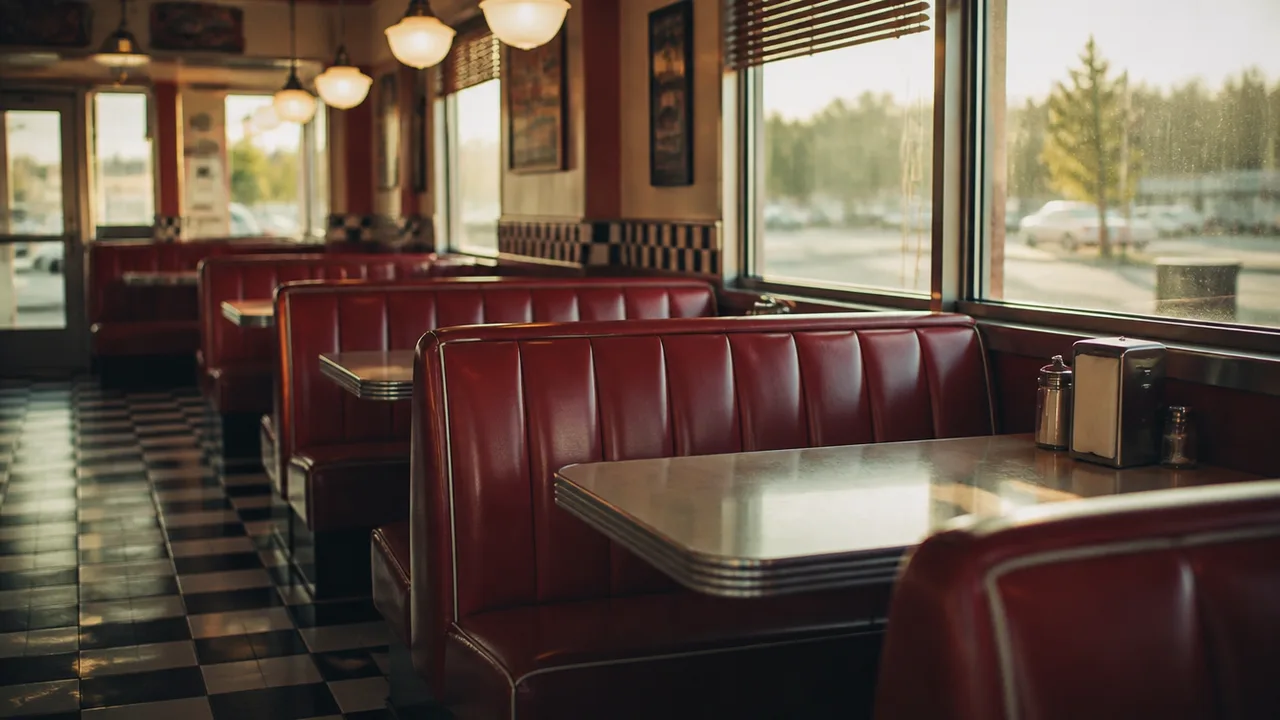 Retro diner interior with red booths and checker floor