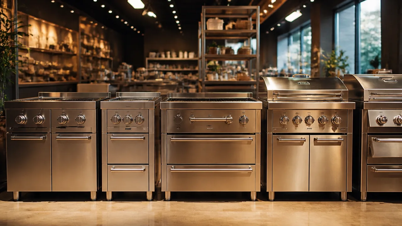 Row of new stainless steel kitchen equipment on a showroom floor, warm light
