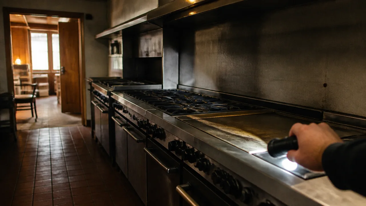 Second-generation restaurant space with older kitchen line being inspected by flashlight