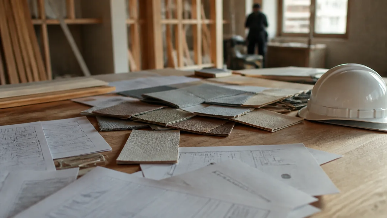 Spread of paper invoices, fabric swatches and a hard hat on plywood table in a buildout site