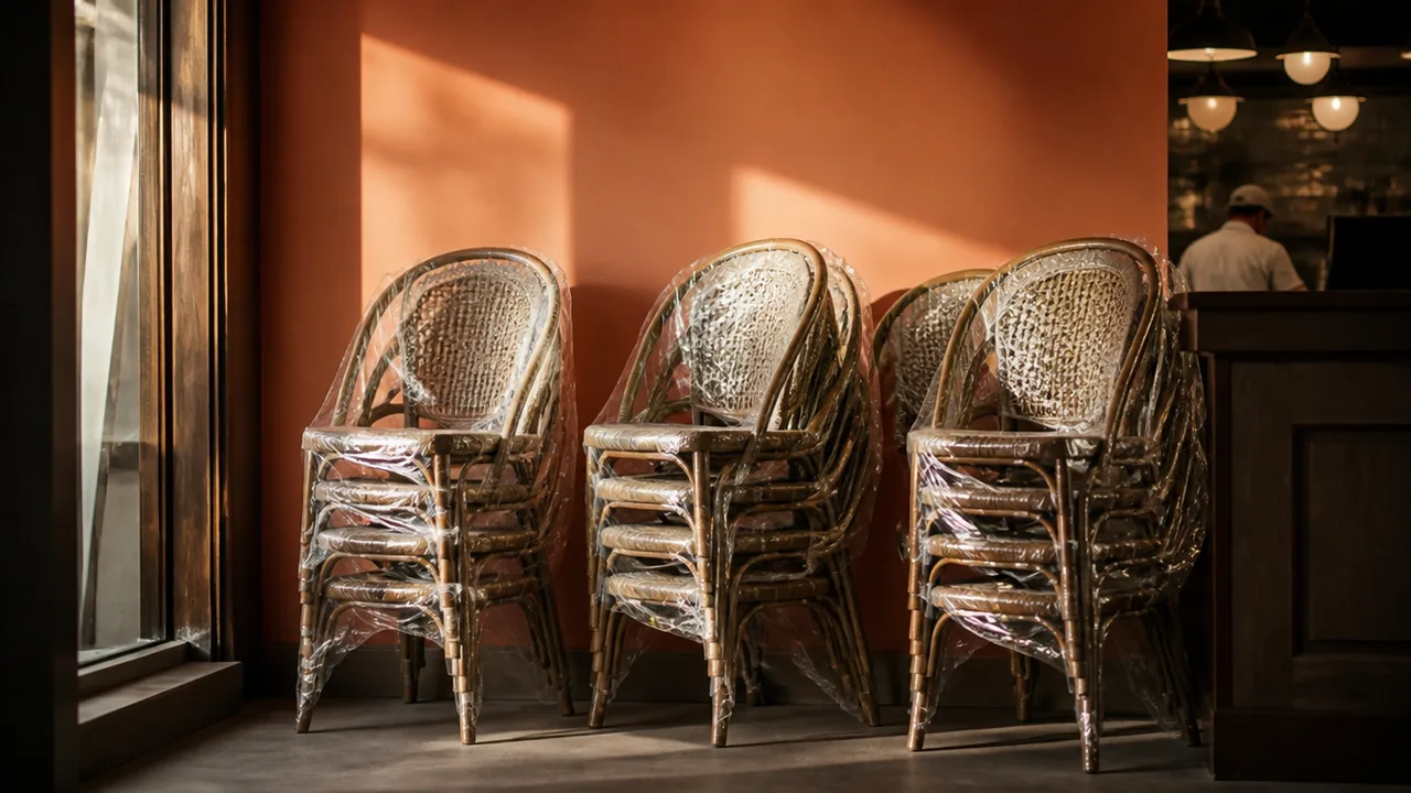 Stacks of new cafe chairs in plastic wrap by a freshly painted wall