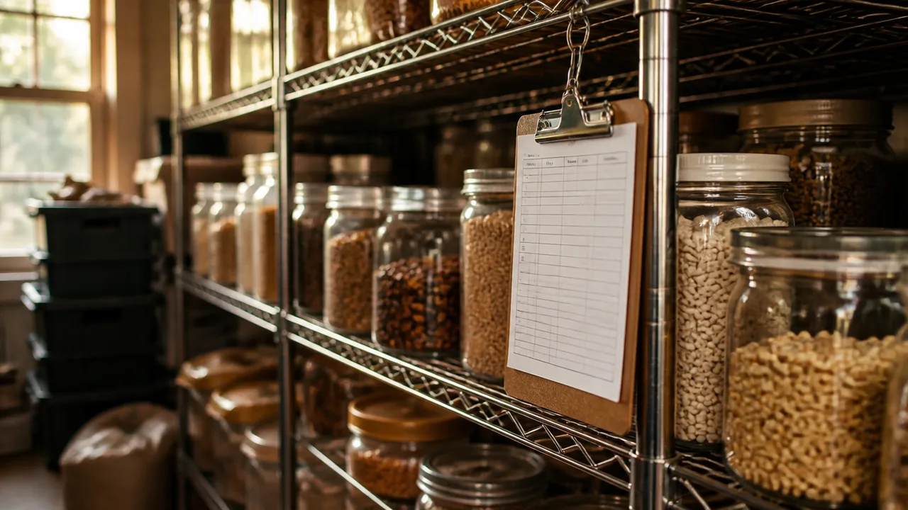 Storeroom shelves of dry goods and inventory sheet on clipboard