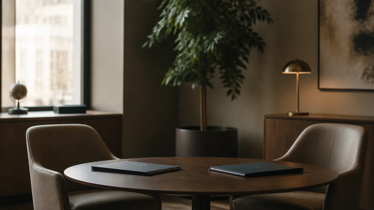 Two chairs at a small meeting table with folders, investor-meeting mood, no people