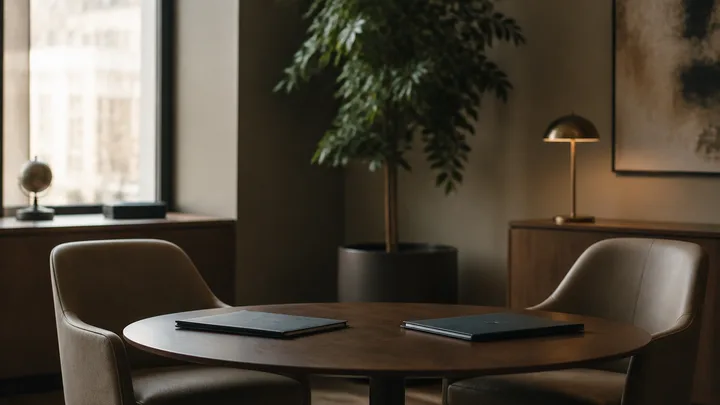 Two chairs at a small table with folders for a project discussion