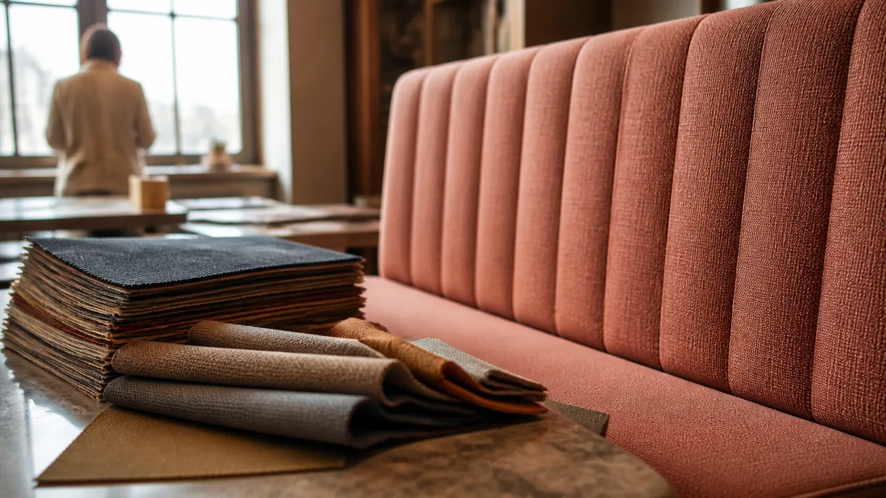 Upholstered booth bench beside a stack of fabric swatches