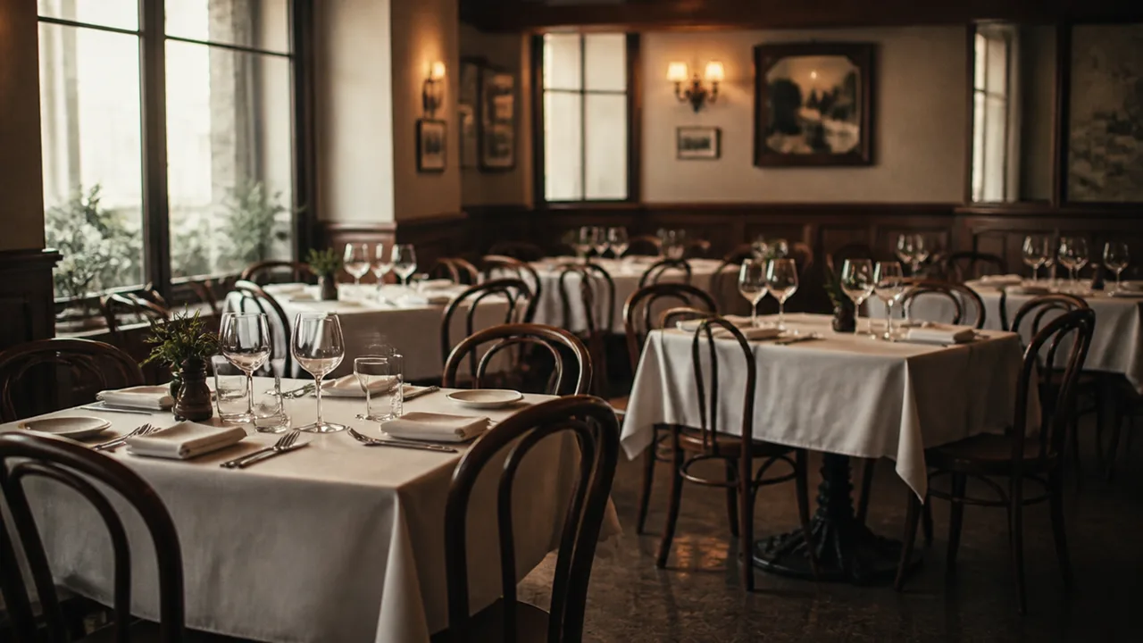 Upscale trattoria dining room, white cloth tables and bentwood chairs